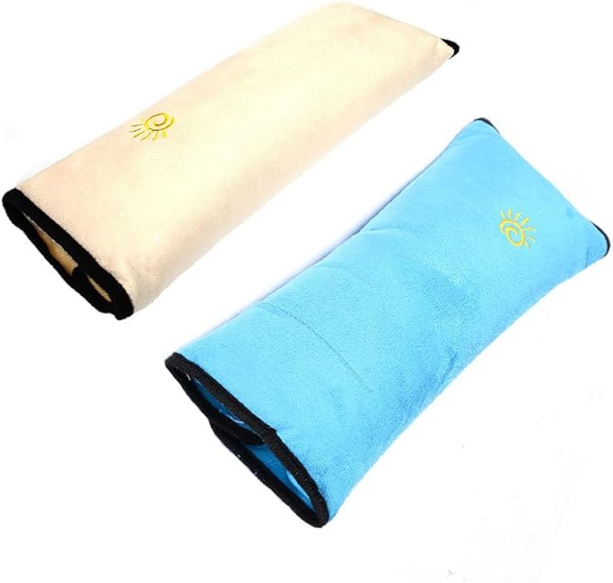 Kids Seatbelt Pillow 2 Packs, Universal Car Seat Belt Pillow Seatbelt Protector Soft Cushion Shoulder Covers Pad Headrest Neck Support Kids for Children and Adult (Beige+Blue)