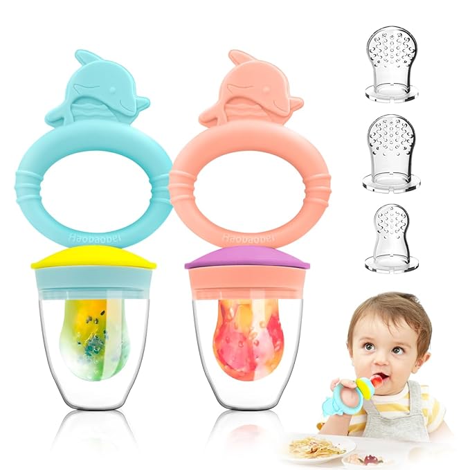 Baby Solids/Frozen Fruit Feeder Pacifier, Infant Teether Toy 4M+, BPA-Free Silicone Pouch & Nipple, Safely Introduce Solids, Teething Relief, 2-Pack