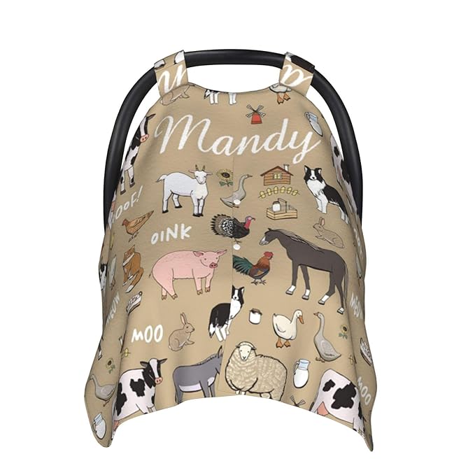 Custom Baby Car Seat Canopy for Babies with Name, Personalized Farm Animals Baby Car Seats Covers for Boys, Opening Minky Nursing Breastfeeding Stroller Cover Infant Carseat Canopies for Newborn