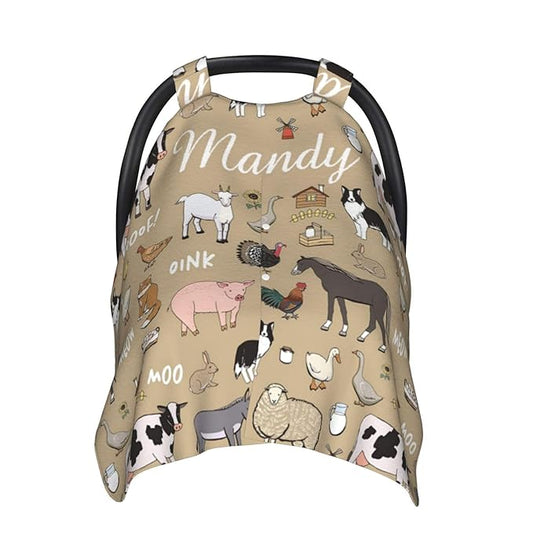Custom Baby Car Seat Canopy for Babies with Name, Personalized Farm Animals Baby Car Seats Covers for Boys, Opening Minky Nursing Breastfeeding Stroller Cover Infant Carseat Canopies for Newborn