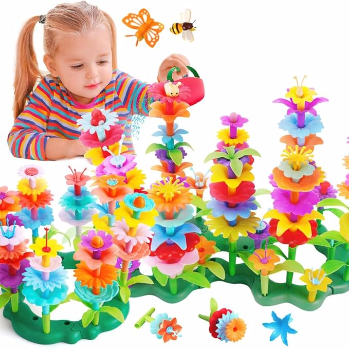 FUNZBO 138pcs Flower Garden Building Set - Easter Spring Toys for 3 4 5 6 7 Years Old Girl, Sorting & Stacking Building Block, STEM Montessori Educational Toy for Kid Toddler Birthday Gift