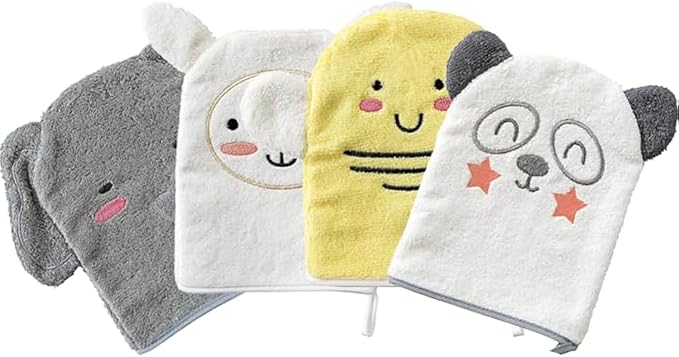 Idea Liftoff™ Baby Wash Cloth Bath Mits (4 Count Assorted), Gray, White, Yellow, Pink