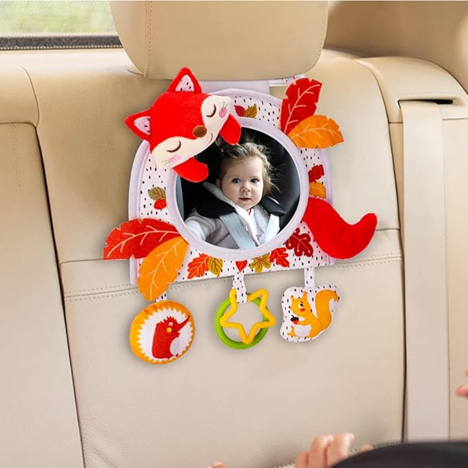 Caterbee Baby Activity Hanging Toy with in-Sight Car Mirror for car seat, Stroller, Crib and Tummy time (Fox)