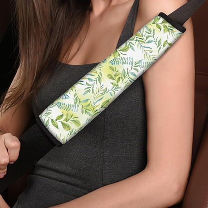 Green Leaves Car Seat Belt Cover Soft Car Safety Seat Belt Strap Shoulder Pad for Women Men 2 Pack for Adults Child