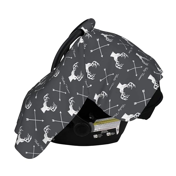 Personalized Deer and Arrow Baby Car Seat Canopy for Babies with Name, Custom Car Seat Covers Boys Girls, Peekaboo Opening Minky Nursing Breastfeeding Cover Infant Car Seat Canopies for Newborn