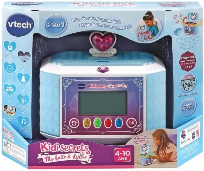 VTech - KidiSecrets Ma Blue 8-in-1 Jewellery Box with Code, Speaker, 9 Games, Electronic Toys, Sounds and Lights, Gift for Children from 4 Years to 10 Years - Contents on