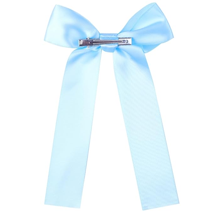 2-Pack Long Satin Ribbon Hair Bows for Girls – Elegant Silk Hair Clips for Toddlers, Infants, Teens & Kids - Sky Blue