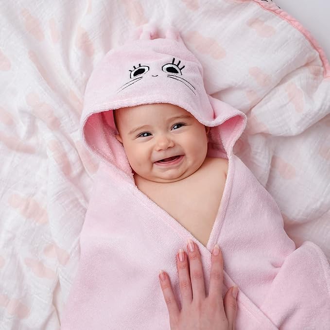 Milk&Moo Baby Hooded Towel, 100% Organic Turkish Cotton, Ultra Absorbent Bath Towel with Hood, 27x47 Inch, for Baby Boys & Girls (0-2 Years, Pink)