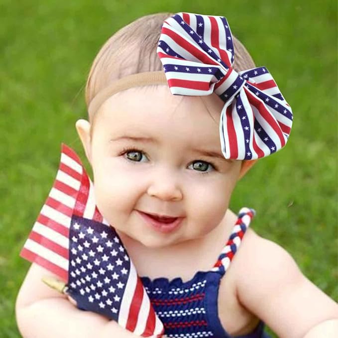 4th of July America Flag Baby Headbands Cheer Bow, Baby Girls Red White Blue Star Spangled Patriotic Hair Bow for Newborns Toddlers Small Children,3 Pcs (America Flag-C)