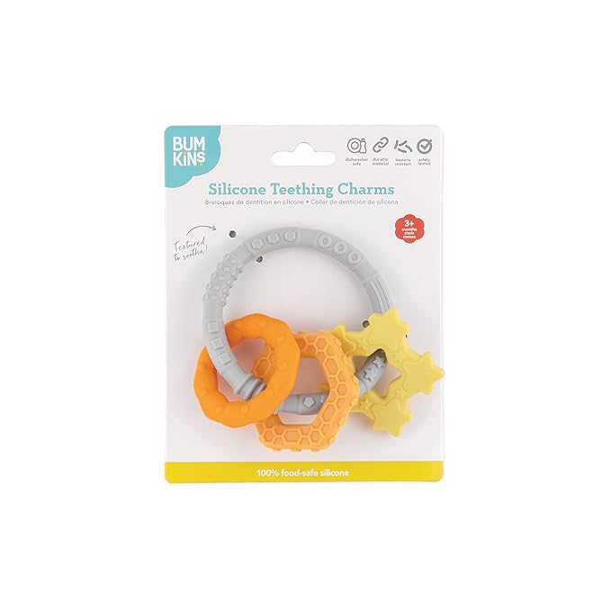 Bumkins Baby Teething Freezer Toy Keys Rings, Soft Flexible Pacifier to Chew, Cool Teether Gum Relief, Babies 3 Months, Freezable Platinum Silicone, Sensory Bracelet with Charms, Orange and Gray