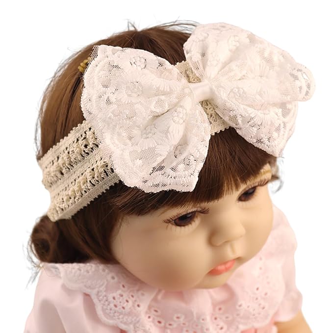 Lace Flower Bow-knot Baby Girls Headband Birthday Infant Wrap Elastic Baby Turban Hairband for Newborn Infant Toddler Kids (White)