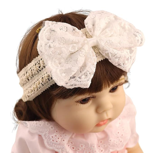 Lace Flower Bow-knot Baby Girls Headband Birthday Infant Wrap Elastic Baby Turban Hairband for Newborn Infant Toddler Kids (White)