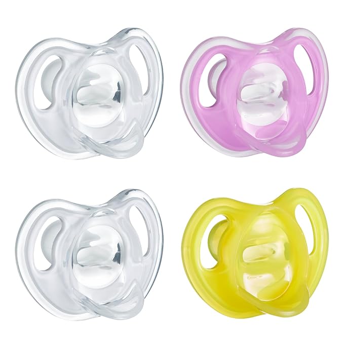 Tommee Tippee Ultra-Light Silicone Pacifier,6-18 Months,Symmetrical One-Piece Design,BPA-Free Silicone Binkies,Clear/Pink/Yellow,(Pack of 48)