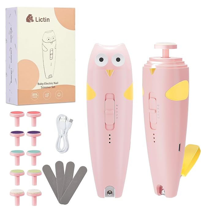 Lictin 2 in 1 Baby Nail Trimmer Electric, Safe Baby Nail File Kit Rechargeable, Baby Nail Clippers with Auto Light for Newborn, Infant, Toddler, Kids, 10 Replacement Grinding Heads, Trim and Polish