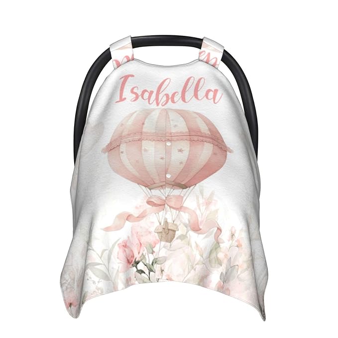 Hot Air Balloon Baby Car Seat Cover with Custom Name – Multipurpose Nursing Cover, Stroller Cover, Breastfeeding Privacy Canopy – Soft Breathable Blanket for Girls, Shower Gift
