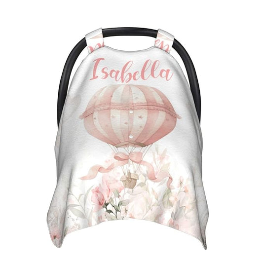 Hot Air Balloon Baby Car Seat Cover with Custom Name – Multipurpose Nursing Cover, Stroller Cover, Breastfeeding Privacy Canopy – Soft Breathable Blanket for Girls, Shower Gift