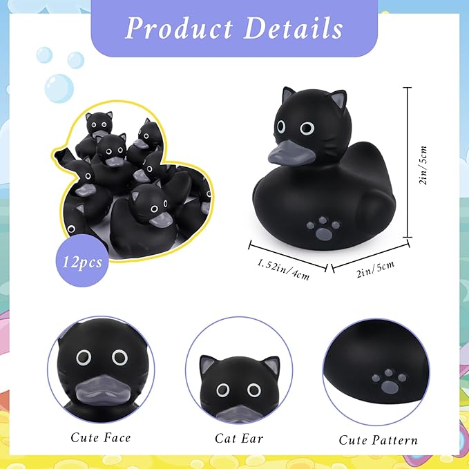 12 Pcs Rubber Ducks,Black Cat Rubber Ducks for Jeeps,Baby Bath Toys,Fun Small Black Cat Bath Duck for Baby Shower Pool Party Favors