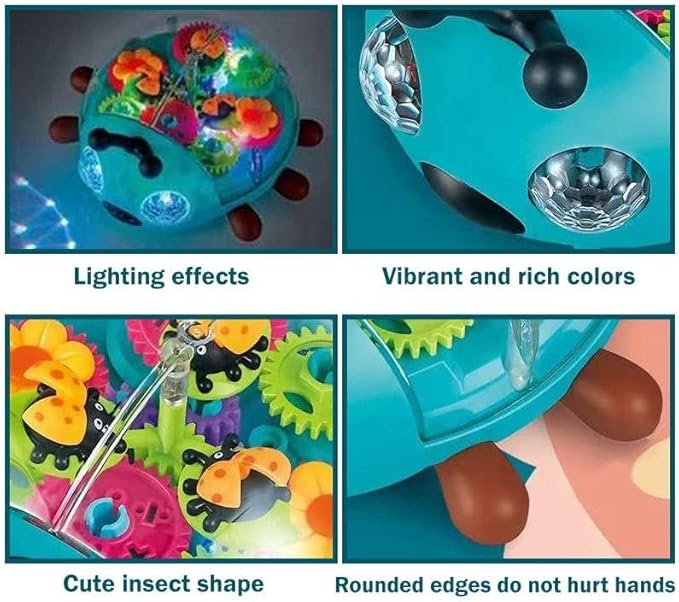 Nenekal Transparent Electric Ladybug Gear Toddler Toy with Flashing LED Lights and Music, Automatically Changes Direction, Great Gift for Boys Girls, STEM and Tummy Time
