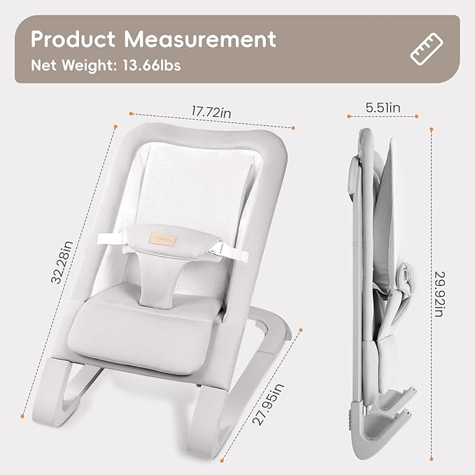 Baby Bouncer for Newborns 0-12 Months: 0-5 Years Portable Infant Seat with Soft Grey Fabric, Adjustable Recline & 3-Point Harness, Supports Up to 60 lbs