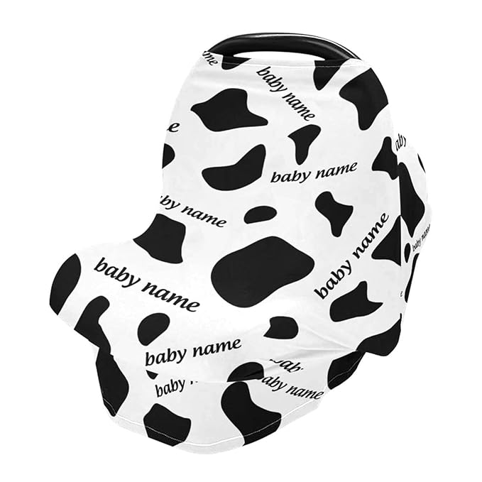 Personalized Baby Car Seat Cover for Babies, Custom Name Baby Car Seats Canopy for Boys Girls, Cow Stripes Nursing Breastfeeding Stroller Covers for Infant Newborn, Shower Gift for Baby