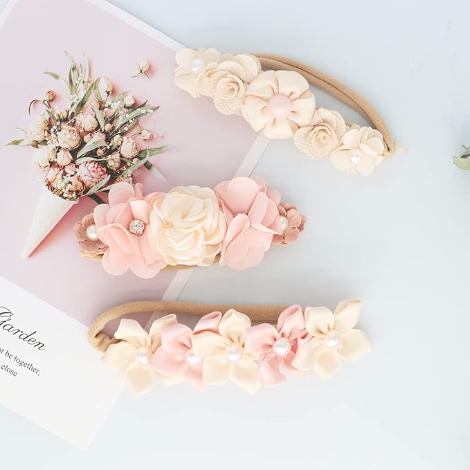 Baby Girl Flower Headbands Set, 3pcs Elastic Nylon Floral Hair Band, Bows Wrap for Infant Newborn Toddler