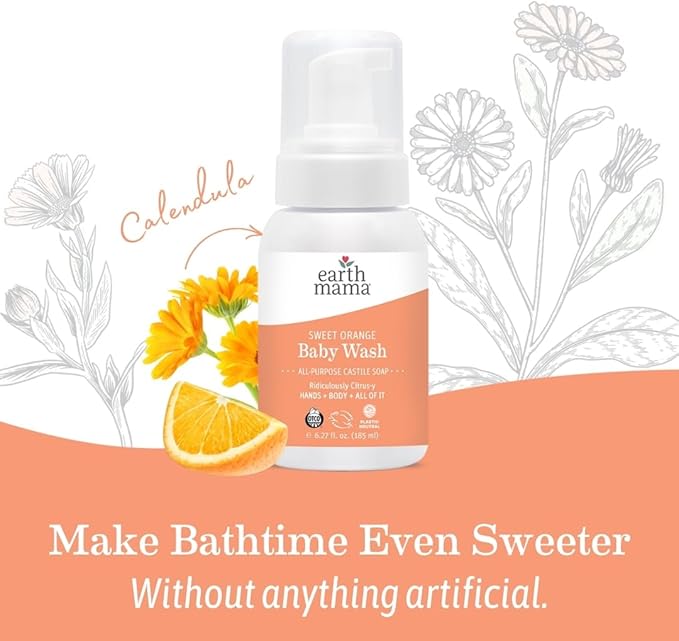 Earth Mama Sweet Orange Baby Liquid Wash Foaming Hand Soap, Organic All Purpose Body Wash for Sensitive Skin, Castile Soap with Coconut Oil, Shea Butter, Calendula, & Aloe, 6.27 fl oz