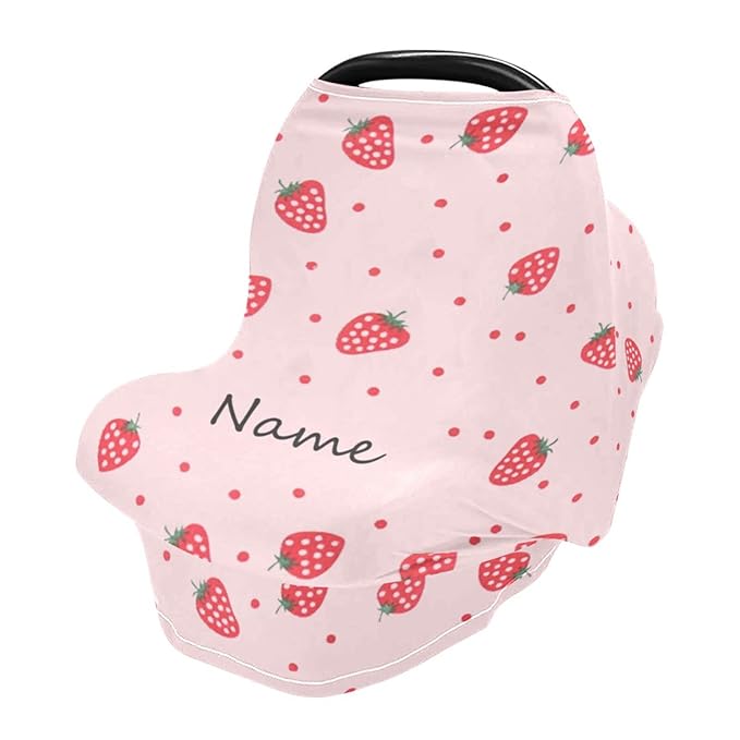 Personalized Baby Name Car Seat Covers for Girls, Custom Pink Strawberry Carseat Canopy, Multiuse Nursing Cover Breastfeeding Scarf, Gift for Newborn Daughter, Infant Stroller Cover