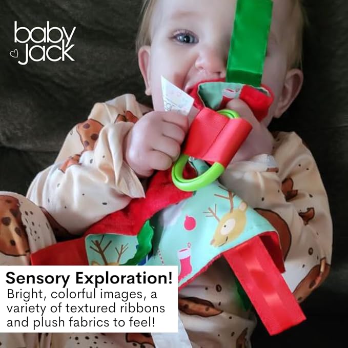 Baby Jack & Co 8x8” Baby's First Christmas, Stocking Stuffer, Santa Gift, Rudolph Red Nose Lovey Tag Toy - Crinkle Toy for Developing 5 Senses - Soother - Travel Gift - BPA Free w/Stroller Clip