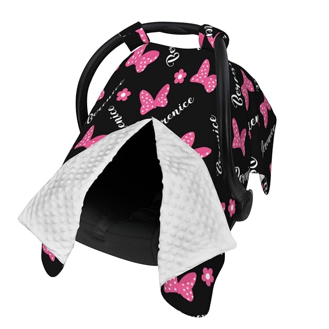 Custom Baby Car Seat Cover with Name – Personalized Pink Bow Nursing Cover, Infant Carseat Canopy, Shopping Cart Cover – Soft, Breathable & Warm – Ideal Shower Gift for Baby Girls