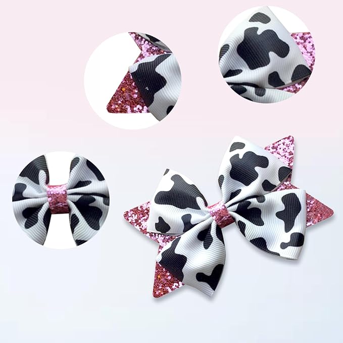 2Pcs Cow Print Hair Bow Clips for Girls,Cute Moo Cow Hair Barrettes Hand-made Grosgrain Ribbon Hair Bows Pink Cow Bow Alligator Clips Hair Accessories for Toddlers Baby Little Girls Kids Teens