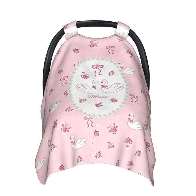 Custom Baby Car Seat Canopy with Name, Personalized Stroller Baby Car Seat Covers for Girls, Minky Nursing Carseat Cover for Breastfeeding, Car Seat Canopies for Infant Newborn(Swan Pink)