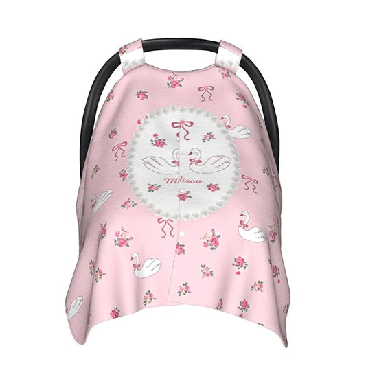 Custom Baby Car Seat Canopy with Name, Personalized Stroller Baby Car Seat Covers for Girls, Minky Nursing Carseat Cover for Breastfeeding, Car Seat Canopies for Infant Newborn(Swan Pink)