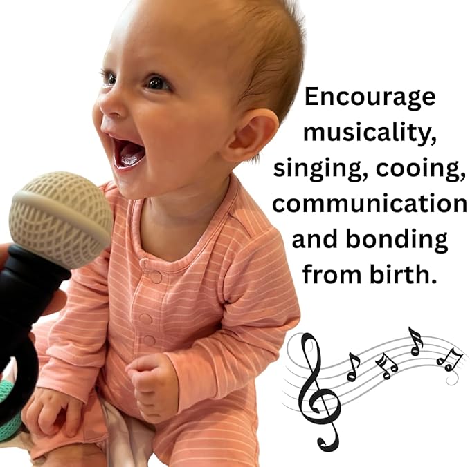 Microphone-Shaped Silicone Baby Teether - BPA Free, with Rattle, Musical/Singing Toy, Dishwasher & Freezer Safe, Easy-to-Grip Teething Shaker Toy for Newborns, Infants, Toddlers. (Gray Black)