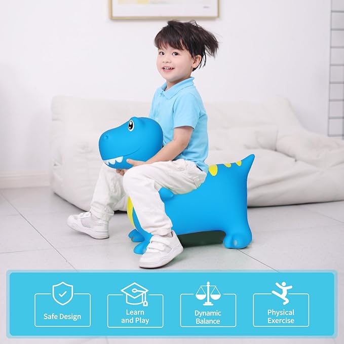 INPANY Bouncy Horse, Dinosaur Hopper Toys, Toddler Bouncing Animal, Dinosaur Party Decorations, Kids Inflatable Ride on Rubber Bouncer, Outdoor Cool Birthday Gift for 2 3 4 Yr Boy Girl Blue