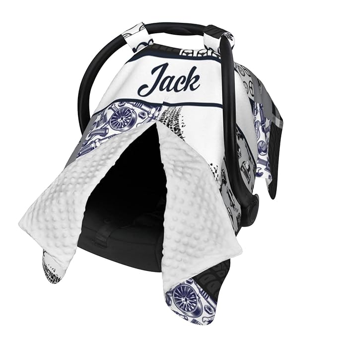 Personalized Baby Car Seat Canopy for Babies, Custom Name Car Seat Covers for Baby Boy, Opening Minky Nursing Breastfeeding Cover for Infant, Carseat Canopies for Newborn (Car Blue)