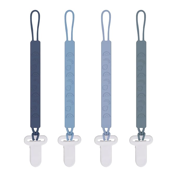 One Piece Design Silicone Pacifier Clip Holder for Baby Boys and Girls,Pack of 4 Flexible Paci Leash,Binky Clips,Newborn Essentials (Fruits, Gray)