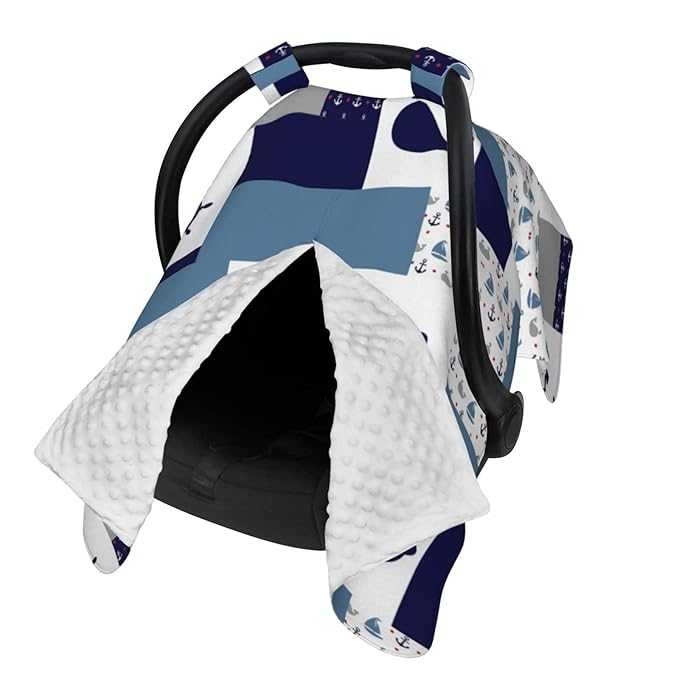 Personalized Anchor Baby Car Seat Canopy for Babies with Name, Custom Sailboat Car Seat Covers for Boys Girls, Peekaboo Opening Minky Nursing Cover Infant Car Seat Canopies for Newborn