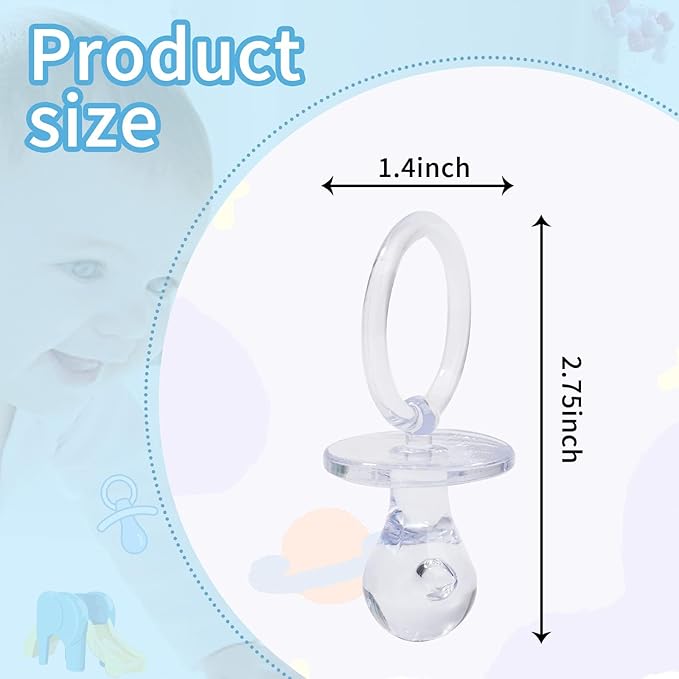 100 Pieces 2.75 Inch Plastic Pacifier for Baby Shower, Baby Shower Pacifier for Gender Reveal Party Decoration DIY Birthday Party Gift (Clear)