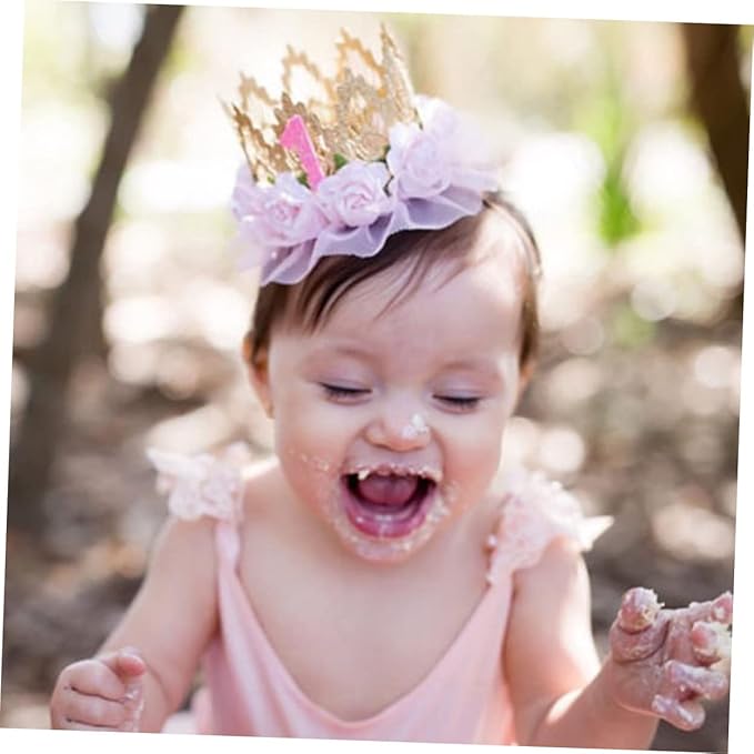 SHOWERORO First Birthday Hair Accessories for Girls - Headband, Tiara Crown with Lace Flowers