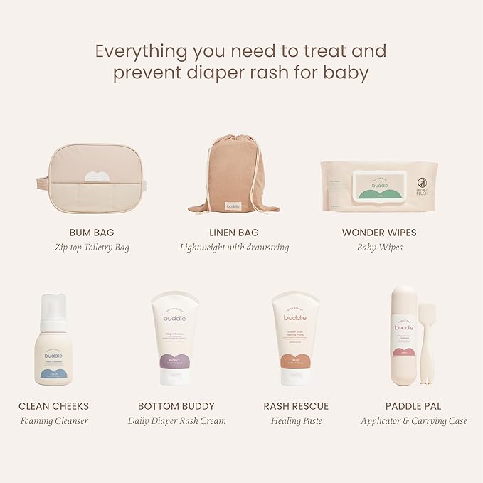 Buddle Diaper Rash, 6-Piece Kit, 40% Zinc Oxide Ointment, Diaper Cream, Foam Cleanser, Wipes, Paddle Pal Silicone Spatula & Bag