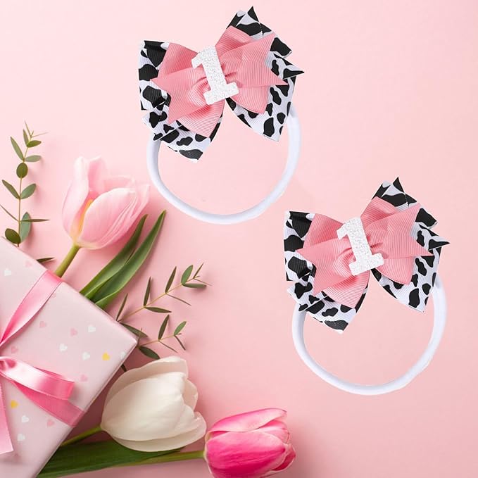 Birthday Hair Bow for Baby Girls - 2Pc Pink Sprinkle Hair Clips for 2nd Birthday Glitter Ice Cream Baby Bow Party Decorations for Girls Toddlers Hair Accessories (Cow Print -1 Year)