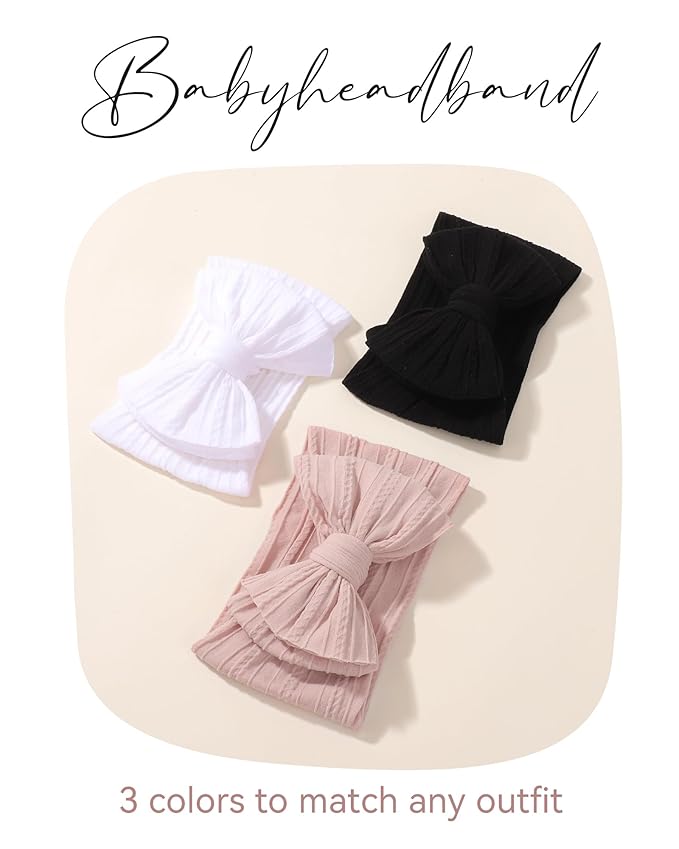 jollybows 3PCS Baby Bows Headbands Soft Nylon Baby Girl Headbands for Newborn Infant Toddler Kids Cute Bow Wide Hairbands Hair Accessories(Black+White+Deep Pink)