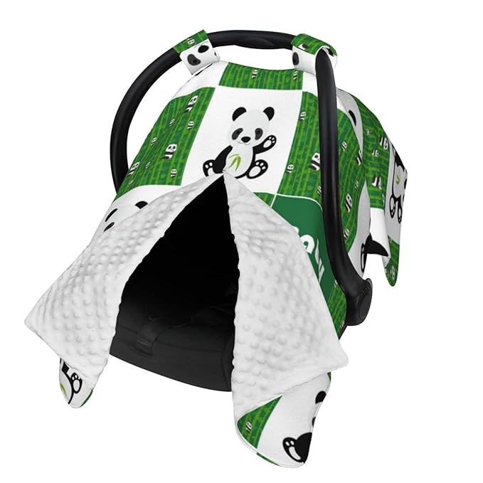 Personalized Cute Panda and Bamboo Baby Car Seat Canopy for Baby with Name, Custom Light Weight Minky Covers for Baby Boy Girl, Nursing Breastfeeding Stroller Cover Canopies for Newborn