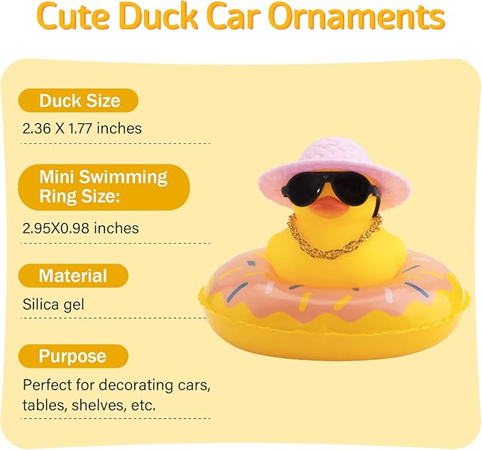 wonuu Car Rubber Duck, Yellow Duck Decoration Dashboard with Sun Hat Swim Ring Necklace Sunglasses for Car Dashboard Decorations