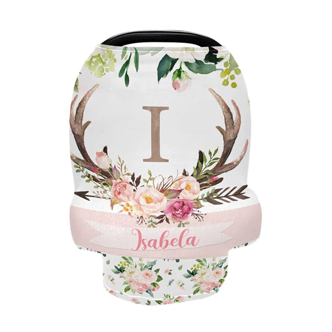 Personalized Baby Car Seat Cover for Girls Boys, Custom Nursing Covers for Breastfeeding with Name, Infant Stroller Cover, Baby Carseat Canopy for Newborn, Multiuse Car Seat Canopies, Antlers Deer