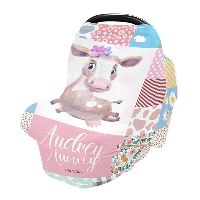 Personalized Baby Car Seat Cover for Babies, Custom Name Baby Car Seats Canopy for Girls, Nursing Breastfeeding Stroller Covers for Infant Newborn, Shower Gift for Baby (Floral Cow Pink)