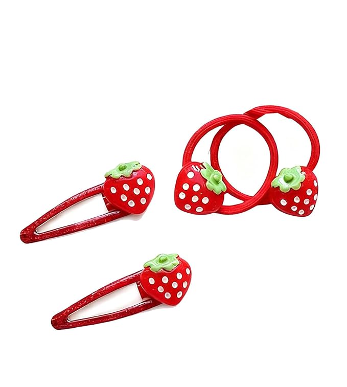 Strawberry Snap Clips Baby Girls Fruit Hair Bow Clips Strawberry Hair Ring Tie BBW24 (4 Pcs-A4)