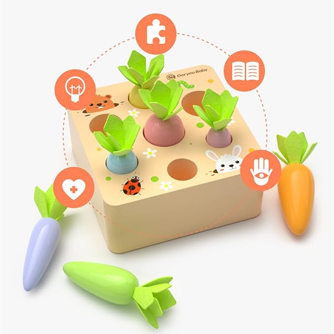 KMTJT Montessori Toys for 2 3 Year Old Toddlers, Macron Carrot Harvest Game Wooden Toys for Baby Boys and Girls, Educational Learning Shape Sorting Matching Gifts for Babies