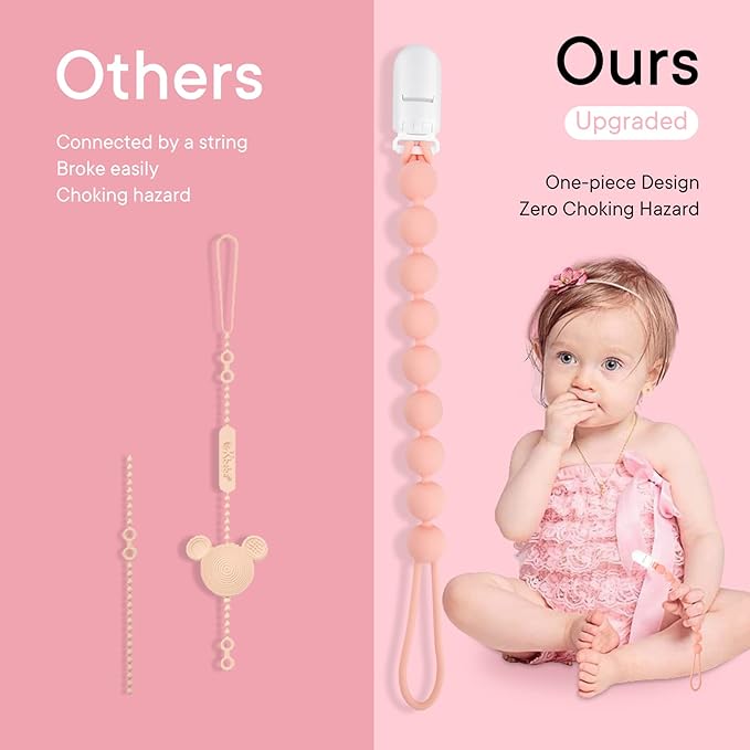 MINMUNJIU Silicone Pacifier Clip Holder, 4 Pack One Piece Soft Flexible Binky Clips Pacifier Holder Clip for Girls, Baby Girl Newborn Essentials