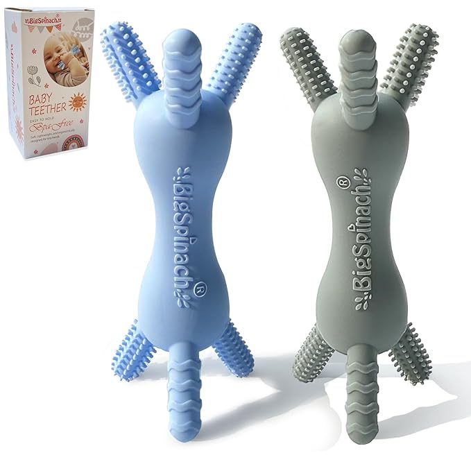 BIGSPINACH 3D Baby Teether, BPA-Free Multi-Texture Silicone Teething Stick Toy,360-Degree Textured Design, Easy-Grip Design for Infants and Toddlers (Blue, 3D)